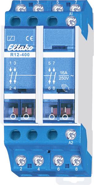 Un interrupteur de courant Eltako R12-400 bleu avec marquage 16A, 250V. Des bornes et des schémas de commutation sont visibles.