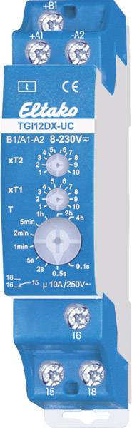 Un relais Eltak bleu et blanc TGI12DX-UC avec bouton rotatif pour le réglage du temps de 1 minute à 10 heures. Il est équipé de bornes à vis.
