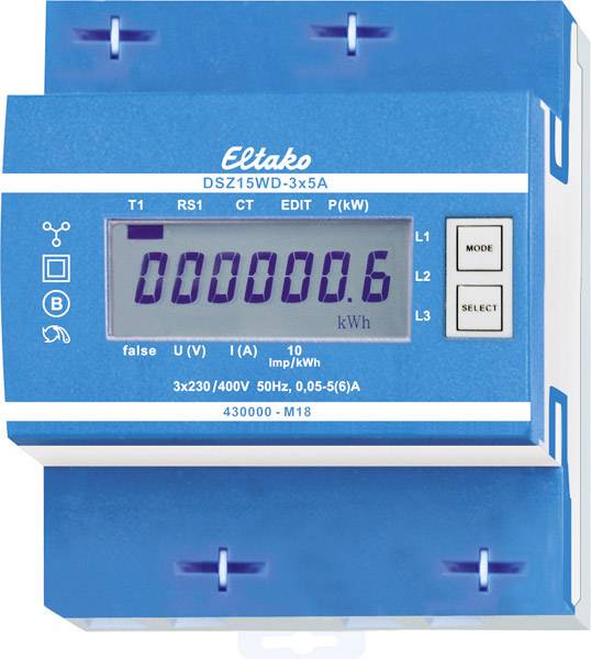 Compteur électrique à affichage numérique indiquant '000000.6 kWh'. Nom de marque en haut, divers boutons et symboles sur le côté.