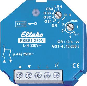 Relais Eltako bleu FSB61-230V avec bornes à vis, touches LRN et CLR, ainsi que boutons de réglage du temps et du mode.