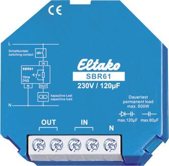 Un appareil bleu portant l'inscription 'Eltako SBR61', conçu pour 230V et 120µF. Il présente des schémas de raccordement destinés aux électriciens.