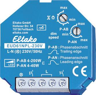 Module bleu EUD61NPL-230V d'Eltako pour coupure de phase montante et descendante, avec vitesse de variation réglable et 230V/50Hz.