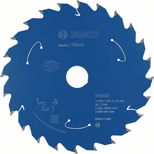 Lame de scie circulaire avec 24 dents, inscription 'BOSCH expert Wood', diamètre 140 mm, vitesse maximale 10 000 tr/min, fabriquée en Italie.