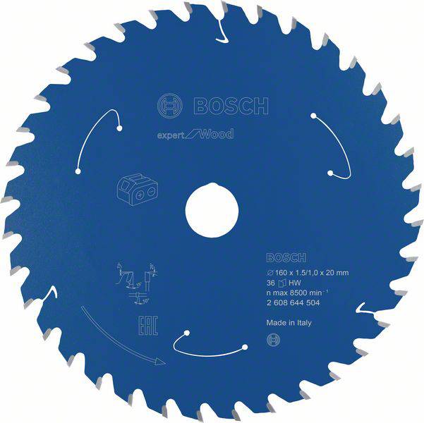 Lame de scie portant l'inscription 'BOSCH' et 'Made in Italy'. Adaptée pour le bois, diamètre 160 mm, vitesse maximale de 8500 tr/min.