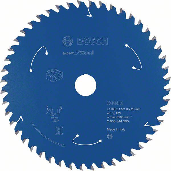 Lame de scie pour travaux sur bois, marque Bosch, diamètre 160 mm, 48 dents. Adapté pour une vitesse maximale de 8500 tr/min.