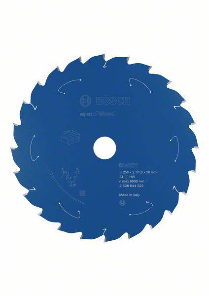 Lame de scie circulaire Bosch, bleue, adaptée pour le travail du bois, diamètre 250 mm, 24 dents, vitesse de rotation maximale 6000 tr/min, fabriquée en Italie.