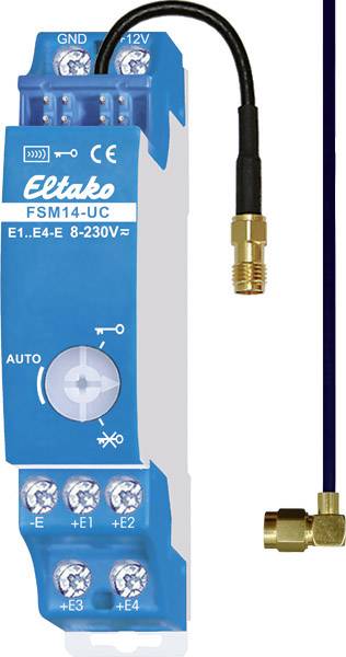 Un appareil Eltako FSM14-UC bleu montre ses connexions et un bouton rotatif pour le réglage. Un câble se termine par une fiche dorée.