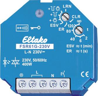 Un récepteur de commutation radio bleu avec des marquages blancs et des symboles techniques, adapté pour 230V et 400W de puissance.