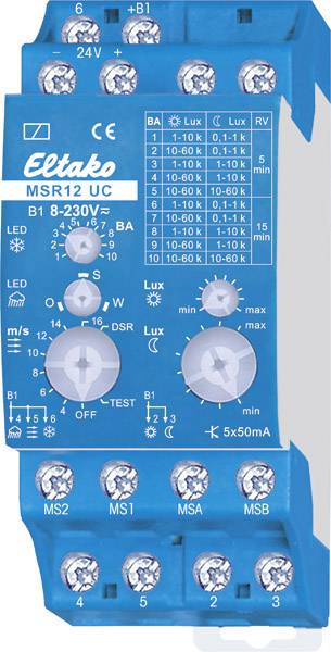 Capteur de lumière Eltako MSR12 UC bleu avec différents boutons de réglage et bornes de connexion pour la sensibilité lumineuse et le délai.