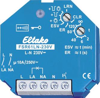 Acteur radio bleu portant l'étiquette 'Eltako FSR61LN-230V', avec bornes et symboles de fonctions électroniques visibles.
