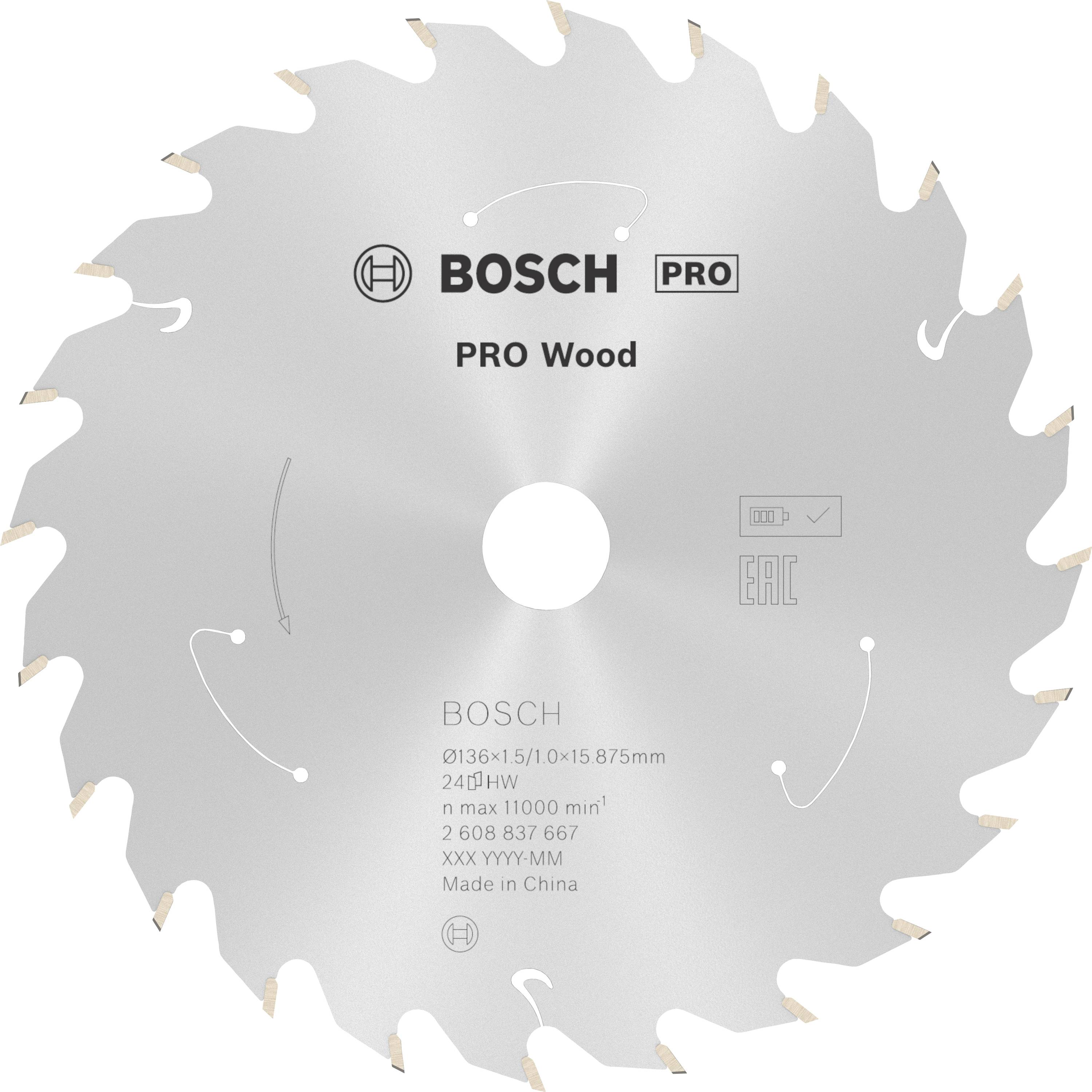 Lame de scie Bosch, modèle PRO Wood, spécialement conçue pour le bois. Diamètre 160 mm, 24 dents, adaptée pour 11 000 tr/min.