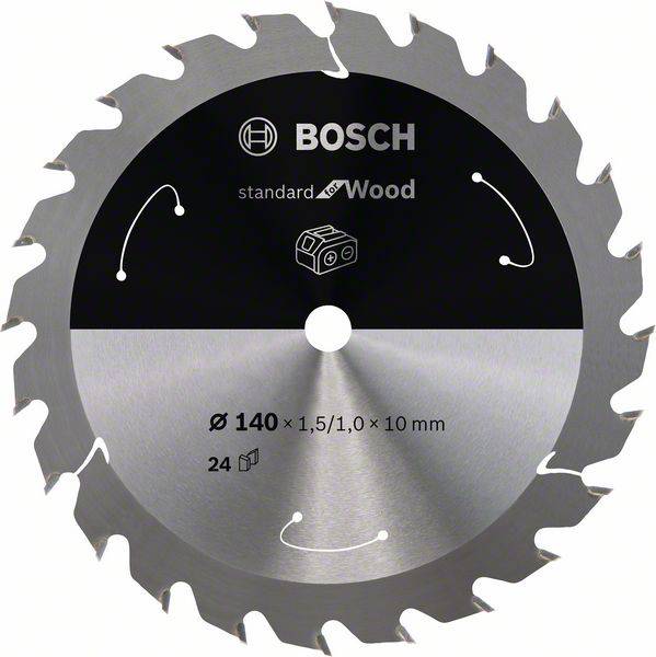 Lame de scie circulaire Bosch, adaptée pour le bois, diamètre 140 mm, 24 dents, épaisseur 1,5 mm, alésage 10 mm.