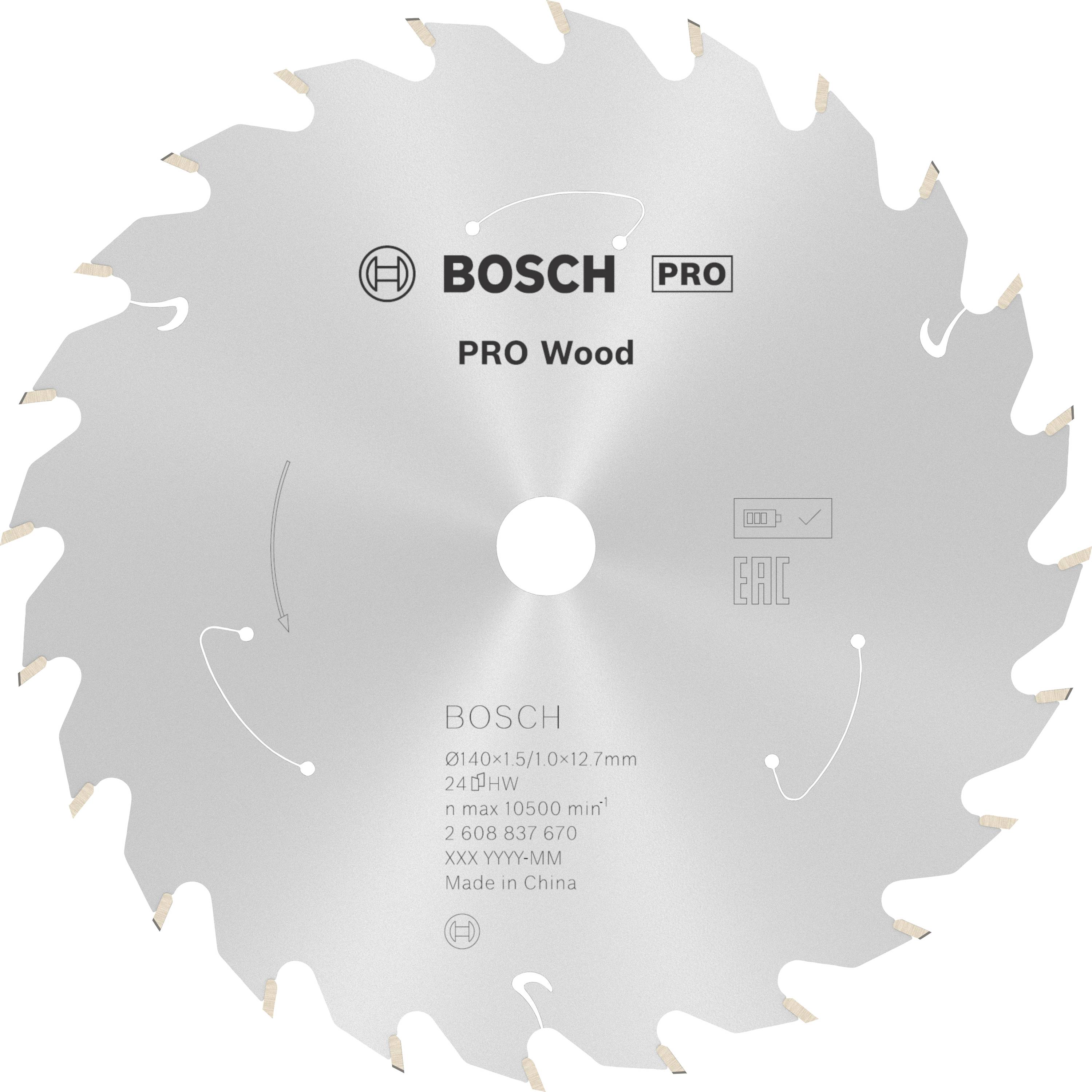 Lame de scie portant l'inscription 'BOSCH PRO Wood', diamètre 305 mm, numéro de modèle spécifique et pays de fabrication Chine.