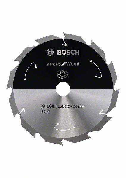 Lame de scie circulaire Bosch, Ø 160 mm, pour bois. Qualité standard, 12 dents. Symbole graphique d'une planche de bois représenté.