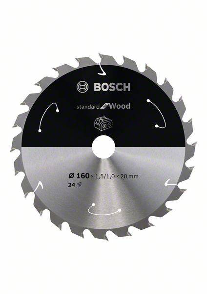 Lame de scie circulaire avec 24 dents, marque Bosch, adaptée pour le bois. Diamètre 160 mm, épaisseur 1,5 mm, alésage 20 mm.
