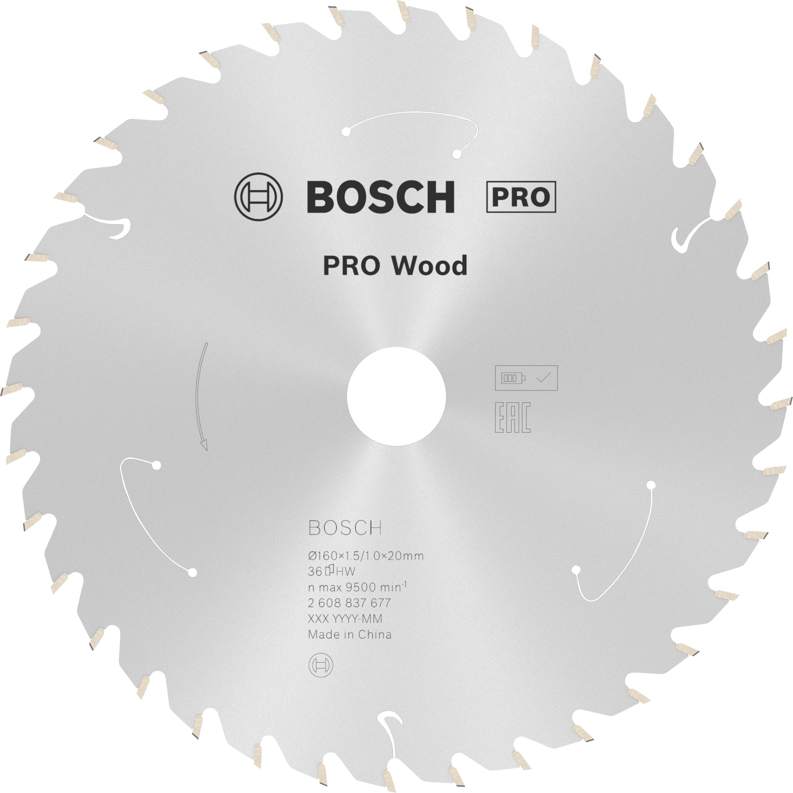 Lame de scie circulaire portant l'inscription 'BOSCH PRO Wood', adaptée aux travaux sur bois. Disque métallique rond pourvu de nombreuses dents sur le pourtour.
