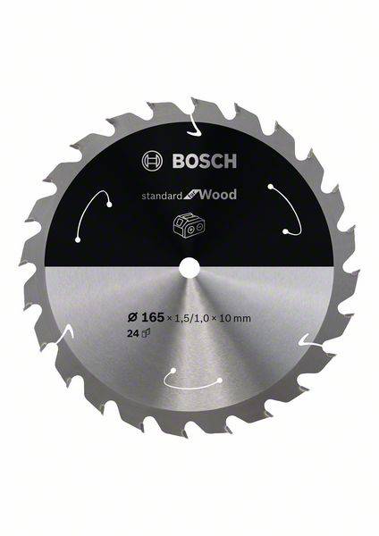 Lame de scie circulaire Bosch pour bois, diamètre 165 mm, 24 dents, adaptée aux coupes standard.