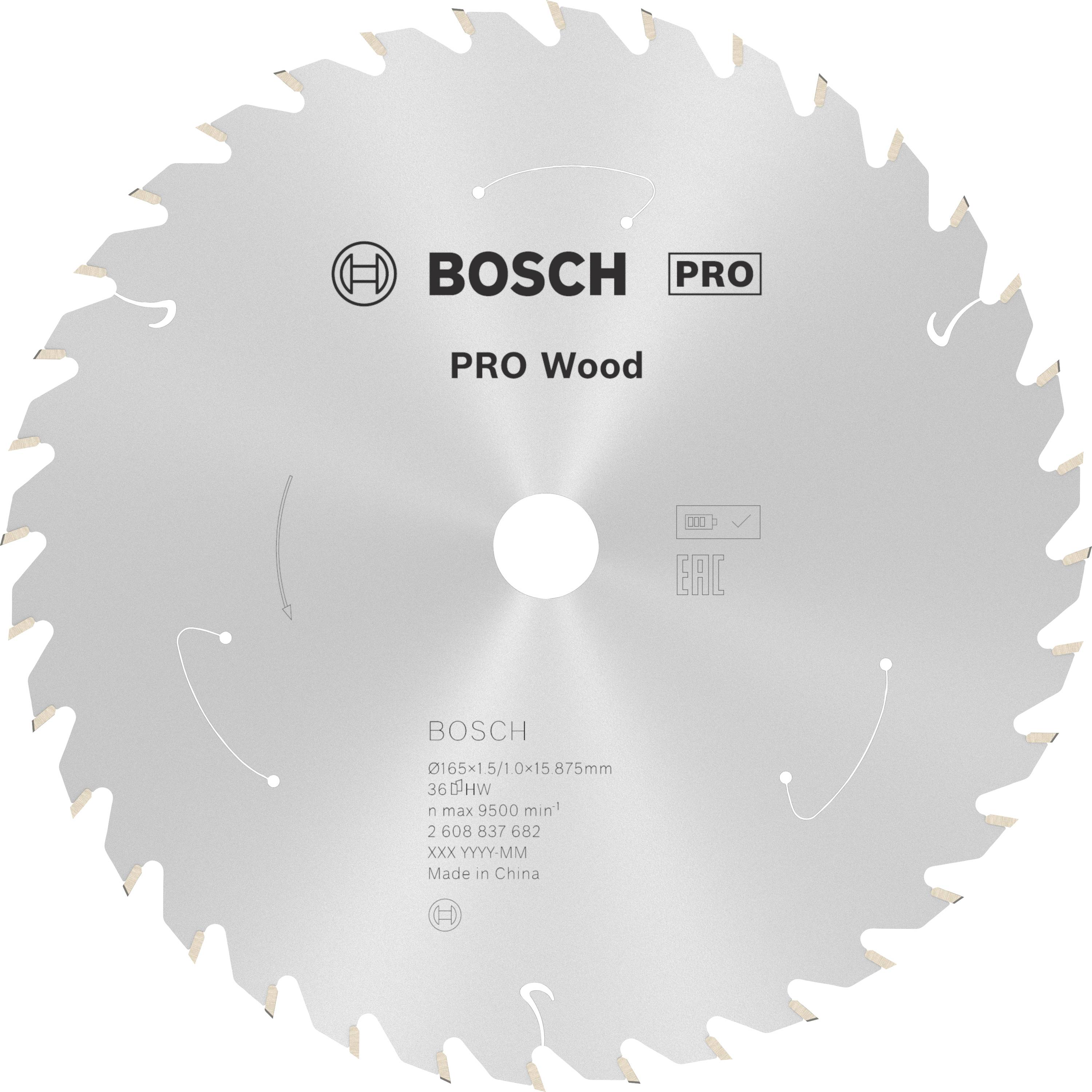 Lame de scie circulaire argentée portant l'inscription 'Bosch Pro Wood', adaptée aux travaux sur bois, présentant des spécifications techniques au centre.