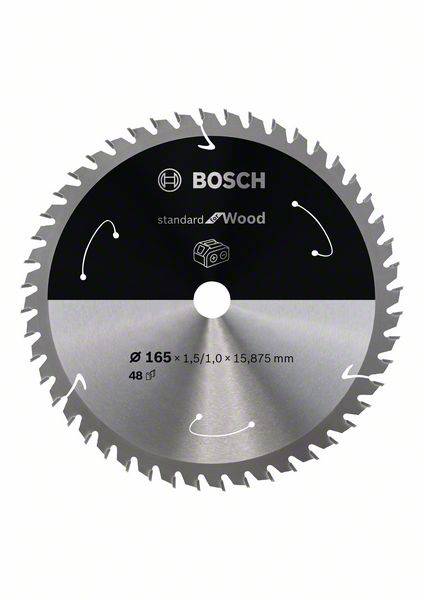 Lame de scie circulaire Bosch, adaptée pour le bois, diamètre 165 mm, largeur de coupe 1,5/1,0 x 15,875 mm, 48 dents.