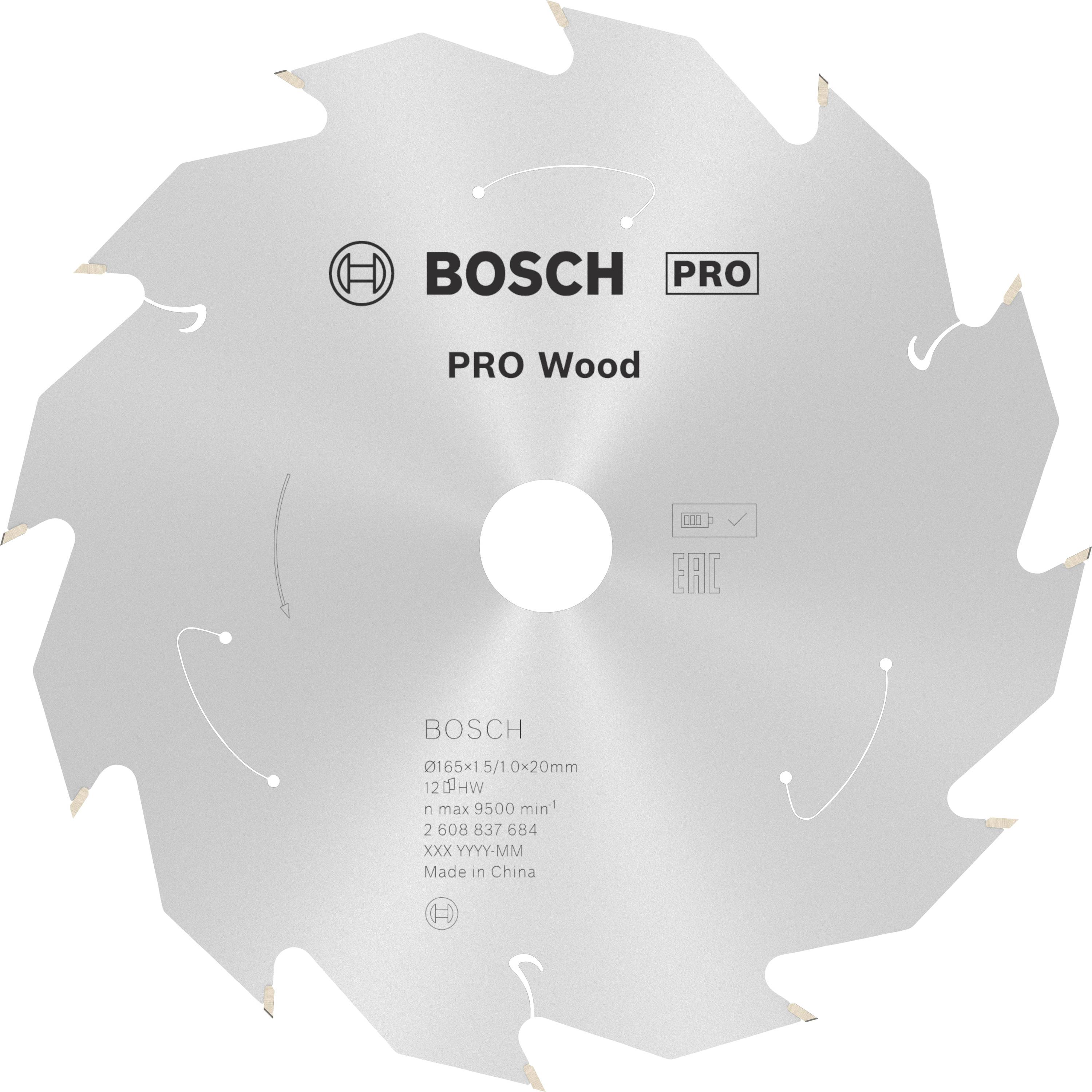 Lame de scie circulaire 'BOSCH PRO Wood', diamètre 165 mm, alésage de 20 mm, pour coupes de bois. Conçue pour la précision et l'efficacité.