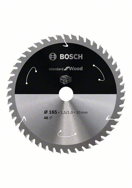 Lame de scie circulaire Bosch pour bois, Ø 165 mm, 48 dents, adaptée aux coupes de bois, indique le sens de coupe, qualité robuste.