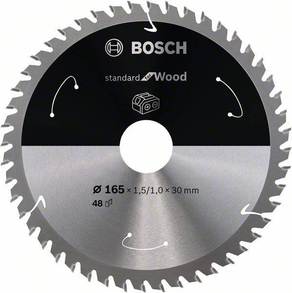 Lame de scie circulaire Bosch à 48 dents, spécialement conçue pour les travaux sur bois. Diamètre : 165 mm, épaisseur : 1,5/1,0 mm, alésage : 30 mm.