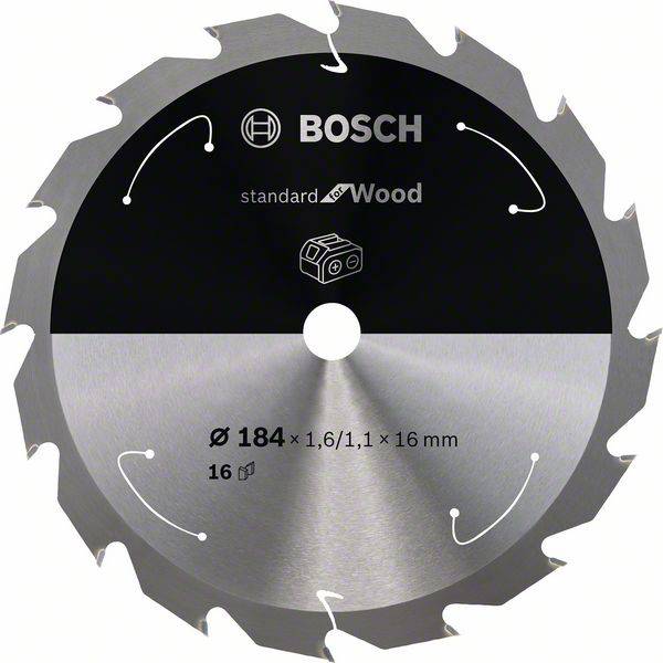 Lame de scie circulaire Bosch, spécialement conçue pour le bois, d'un diamètre de 184 mm et équipée de 16 dents, idéale pour des coupes précises.