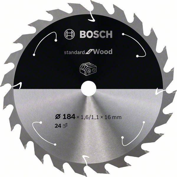 L'image représente une lame de scie circulaire Bosch pour le bois, d'un diamètre de 184 mm, avec 24 dents, adaptée pour des coupes précises dans le bois.