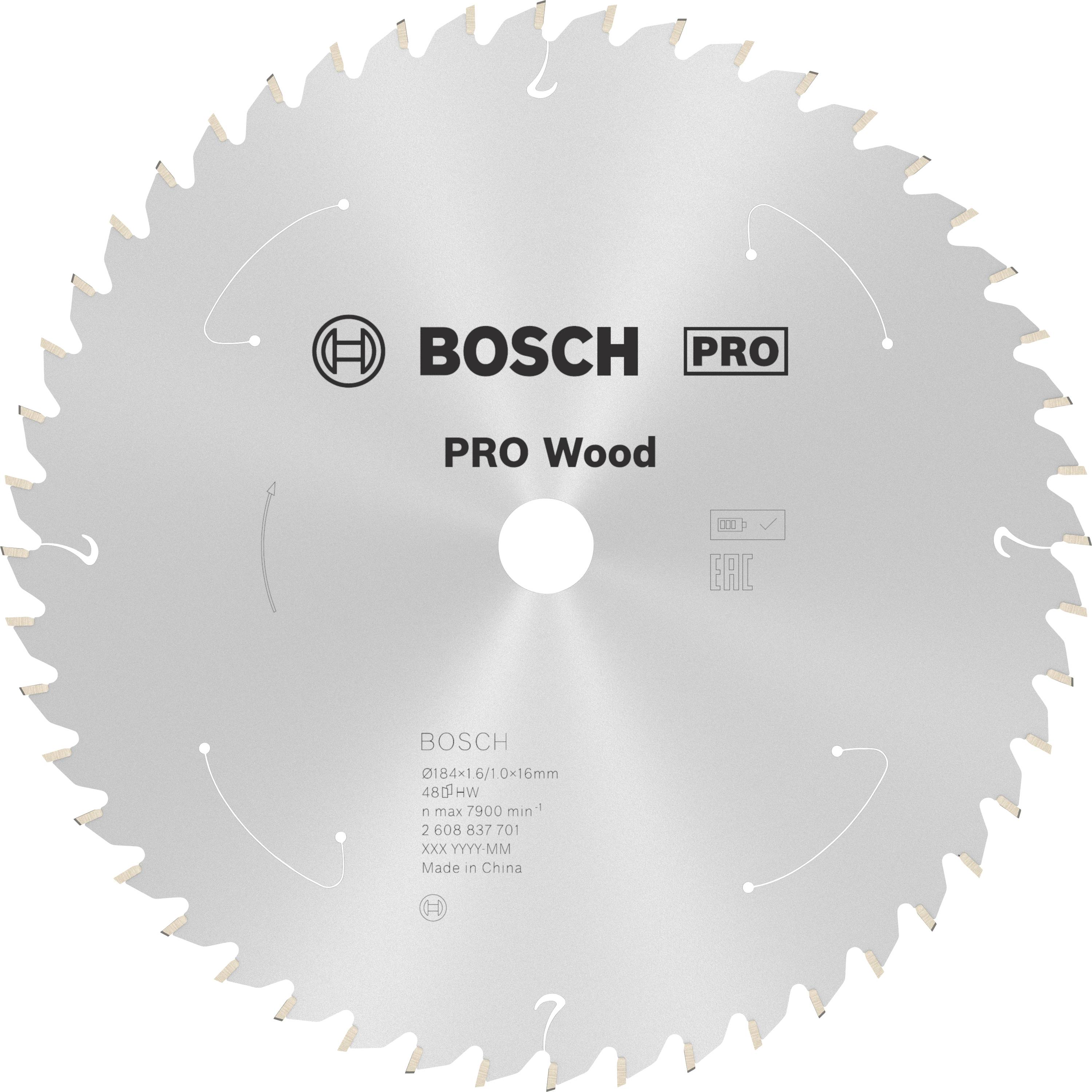 Lame de scie circulaire Bosch portant l'inscription 'PRO Wood', adaptée aux coupes de bois, avec 48 dents et une vitesse de rotation maximale de 7900 tr/min.