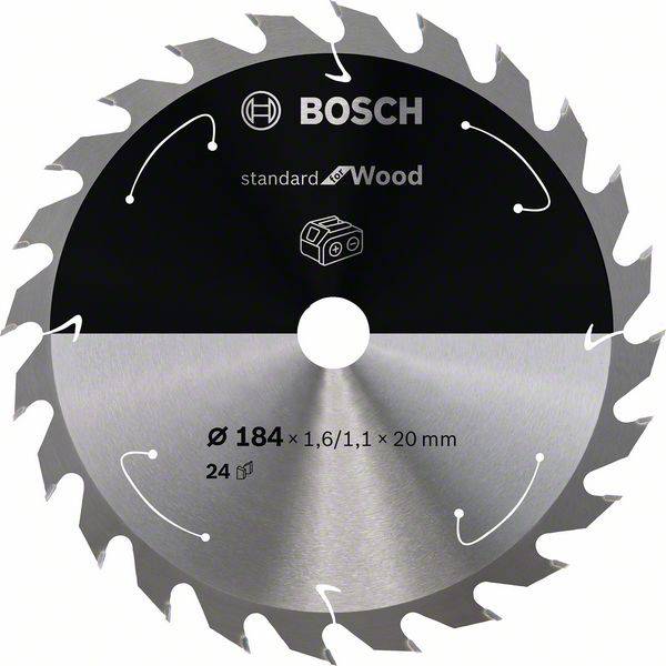 Une lame de scie circulaire Bosch ronde pour bois de 24 dents, diamètre 184 mm, adaptée pour l'usinage du bois précis et polyvalent.