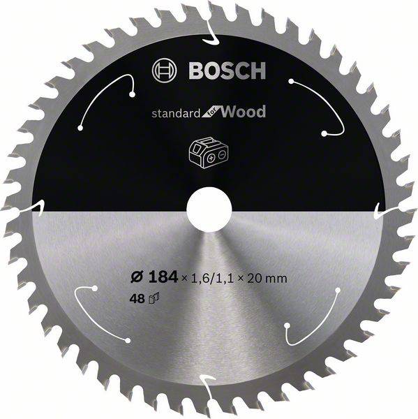 Lame de scie circulaire Bosch pour bois, diamètre 184 mm, 48 dents, adaptée aux coupes précises dans les matériaux en bois.