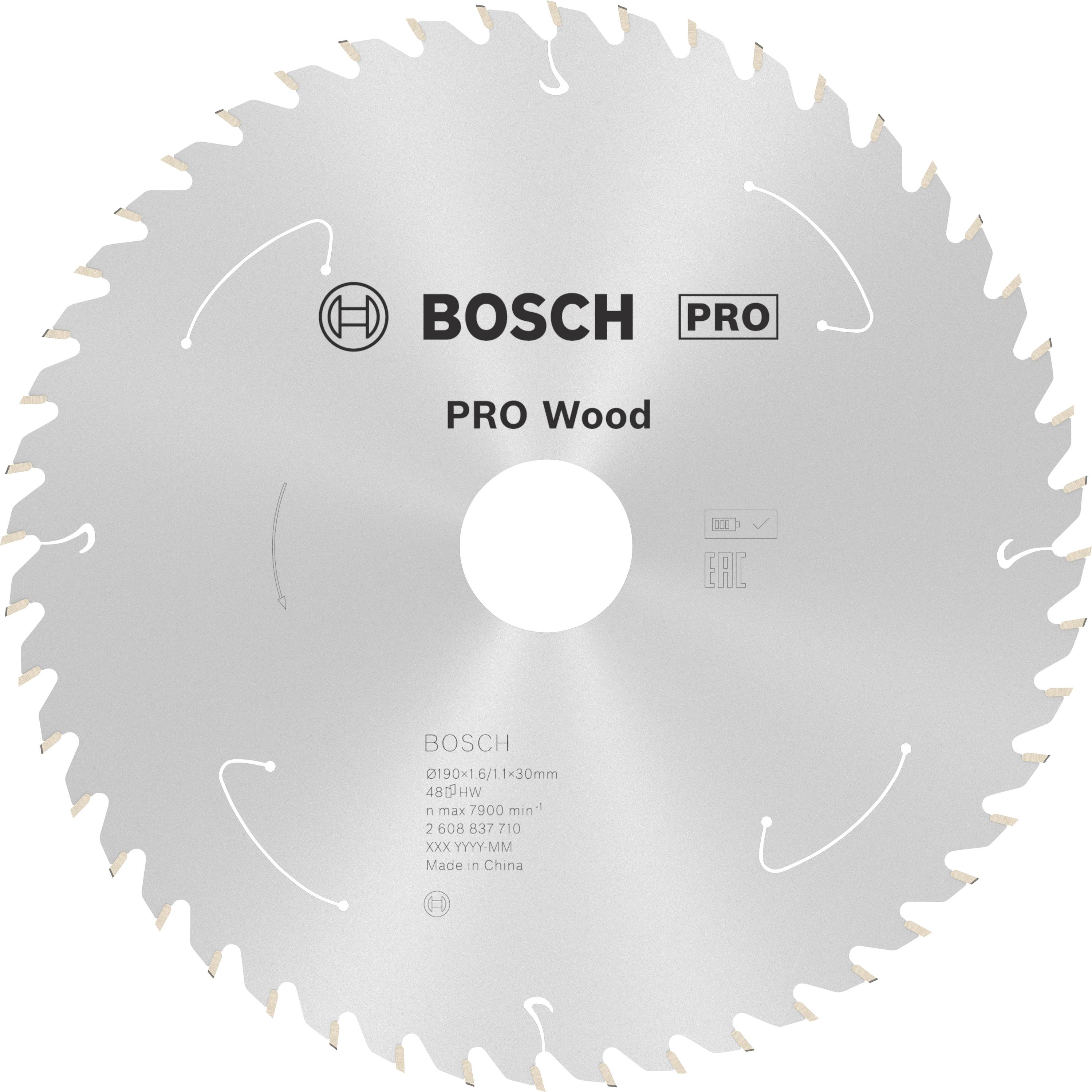 Lame de scie circulaire BOSCH PRO Wood, de couleur argentée, avec plusieurs dents. Adaptée aux travaux sur bois, construction robuste.