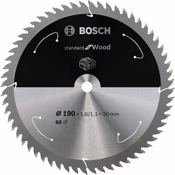 Lame de scie circulaire Bosch à 60 dents, adaptée au bois, diamètre de 190 mm, alésage de 30 mm, construction en acier pour des coupes précises.