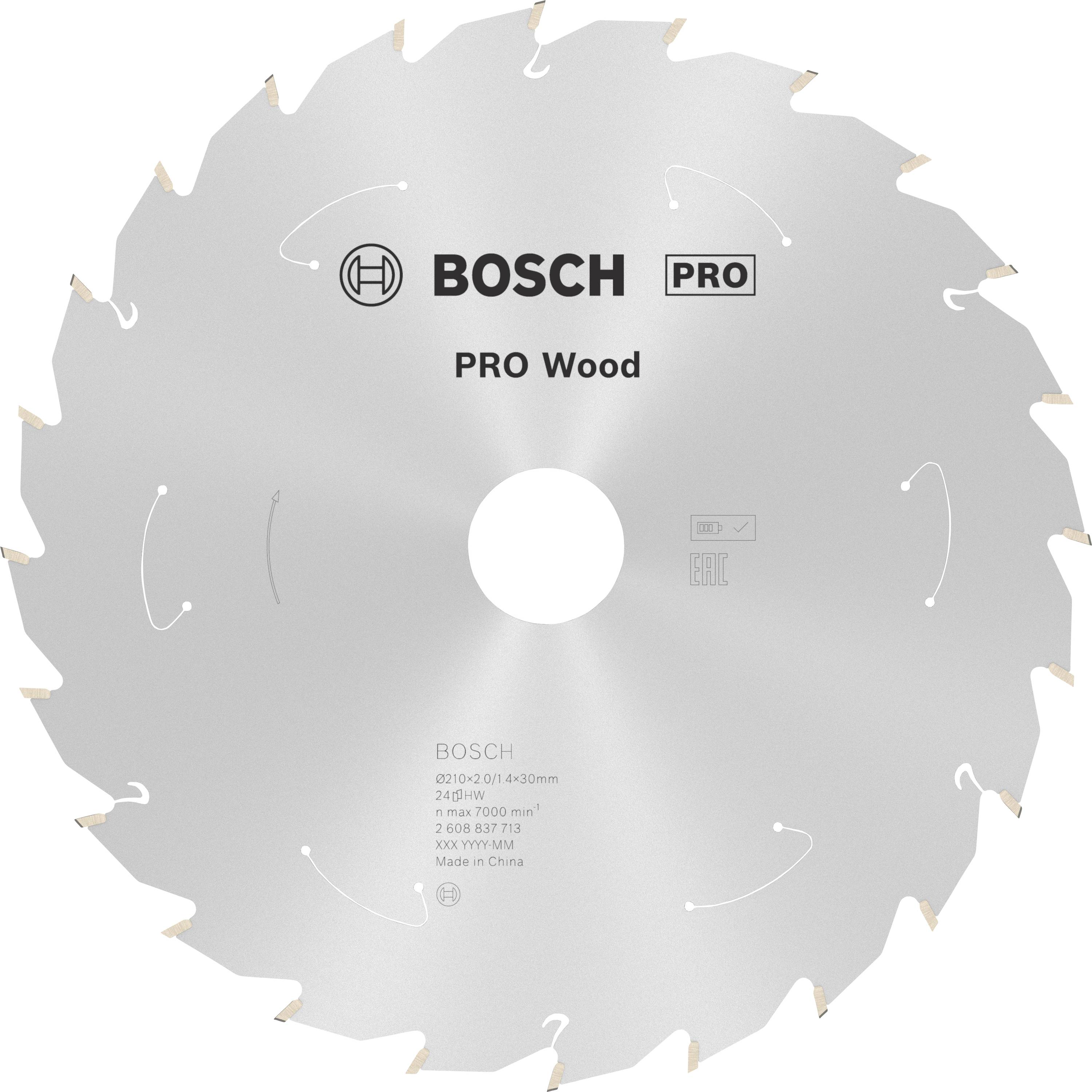 Lame de scie circulaire Bosch portant l'inscription 'PRO Wood' et ses spécifications techniques. Adaptée pour la coupe de matériaux en bois.