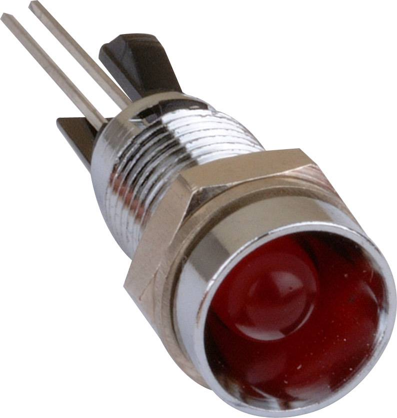 Un bouton poussoir lumineux rouge à LED, avec deux fils de connexion et un filetage métallique pour une fixation dans un appareil électrique.