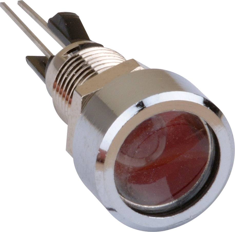 Un bouton rond en métal avec un indicateur lumineux rouge, doté de deux broches de connexion à l'arrière.