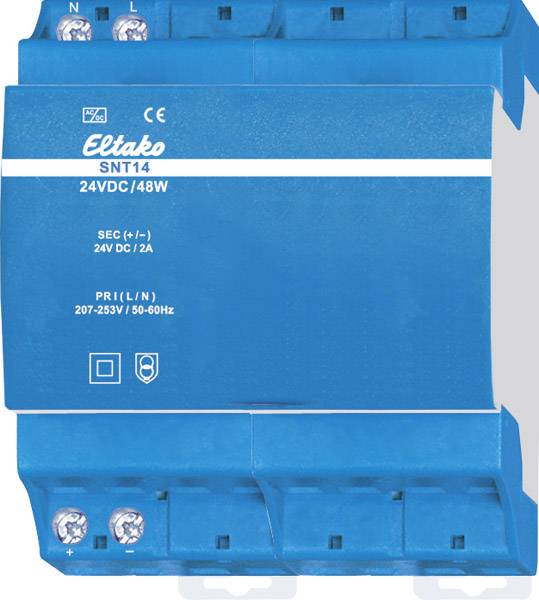Un bloc d'alimentation électrique 'Eltako SNT14' à surface bleue, avec les spécifications suivantes : 24VDC/48W et 24V DC/2A, adapté pour 207-253V/50-60Hz.