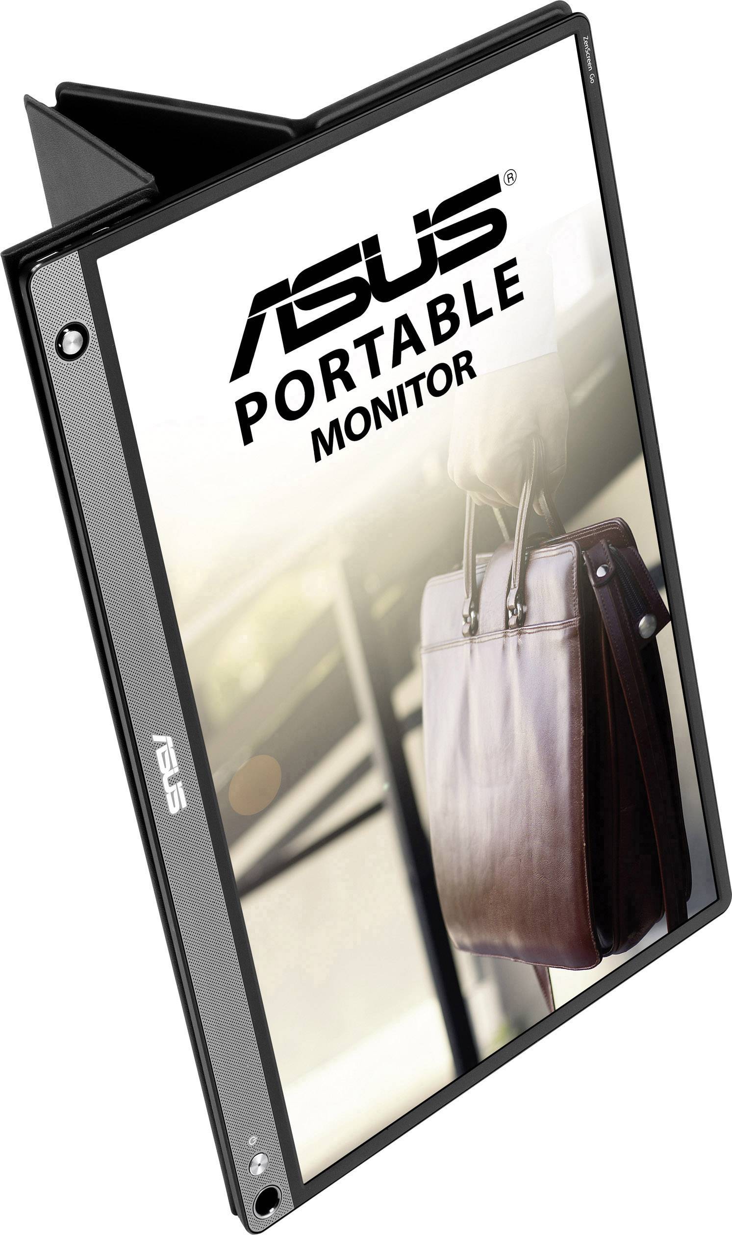 Un moniteur portable ASUS est dressé verticalement, sa face avant affiche l'inscription « ASUS Portable Monitor » avec une image d'une sacoche en cuir.