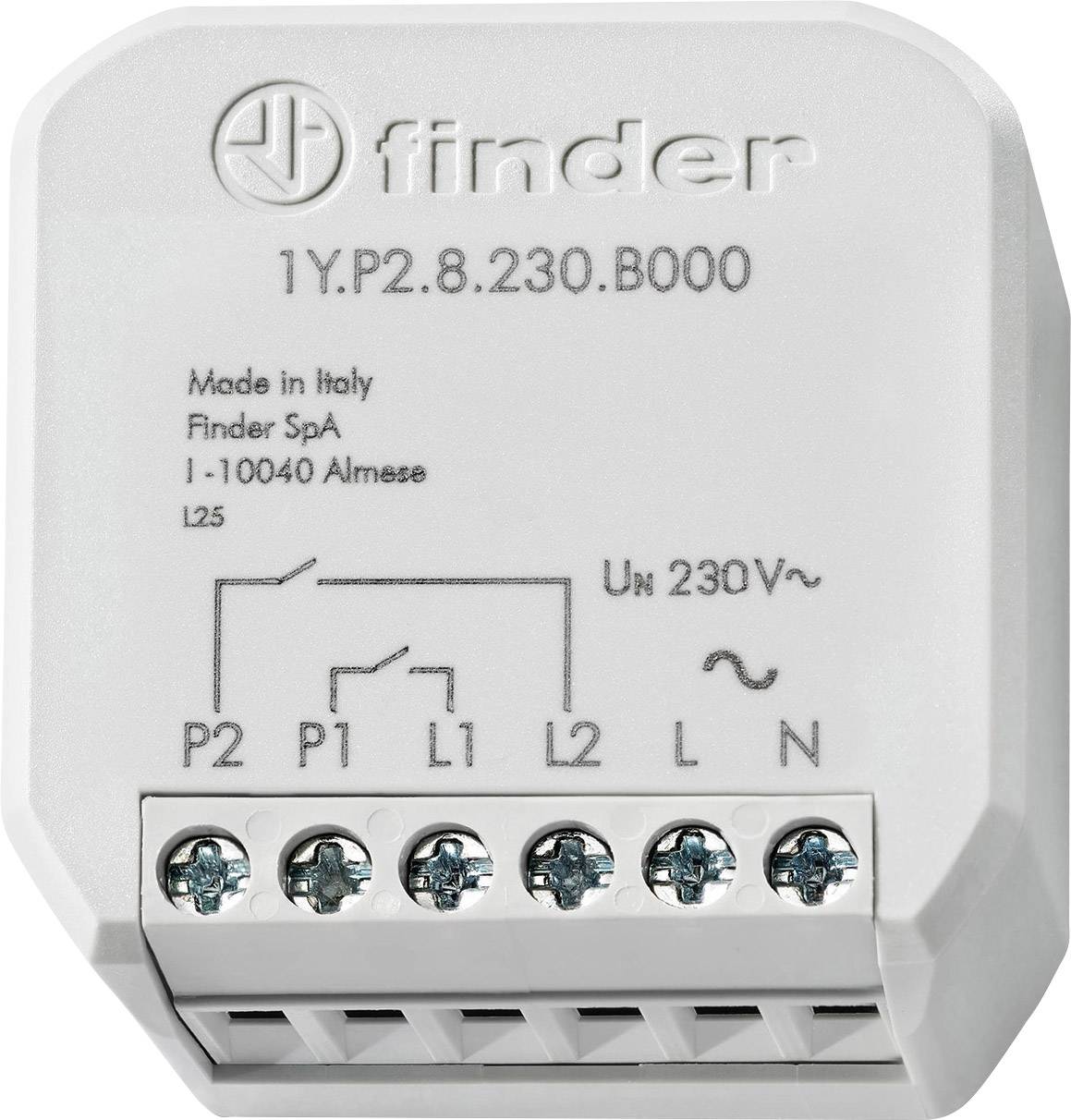 Relais électrique blanc 'Finder 1Y.P2.8.230.B000' avec bornes P1, P2, L1, L2, L, N, conçu pour 230V.