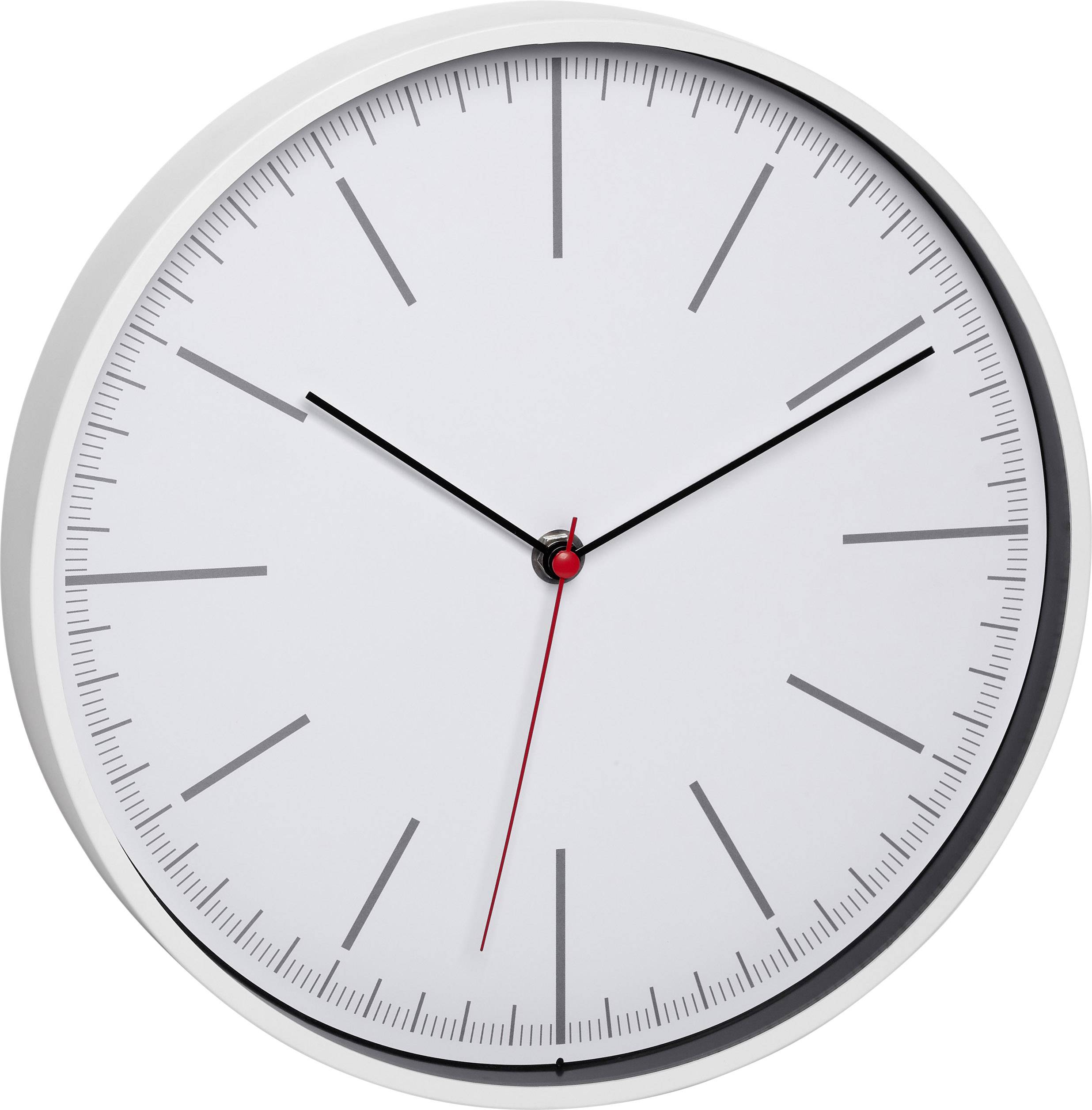 Une horloge murale analogique indique 10h10. L'horloge a un fond blanc et des aiguilles noires et rouges.