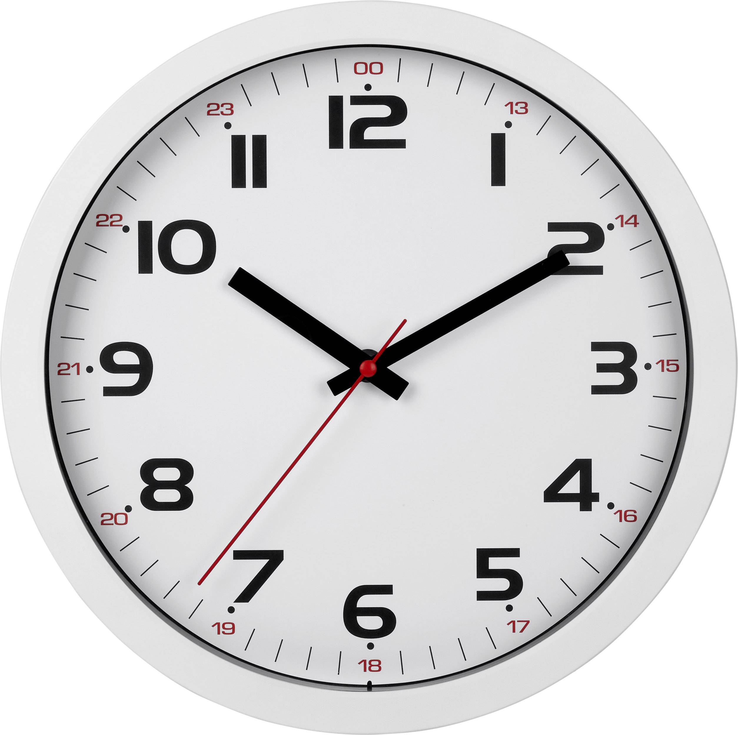 Une horloge murale analogique affiche l'heure 10:10 avec de grands chiffres noirs sur un cadran blanc et une aiguille des secondes rouge.
