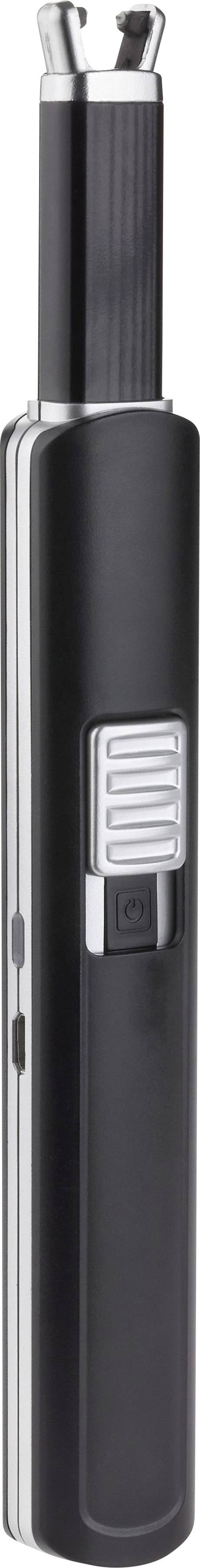 Un briquet noir, cylindrique, avec des accents argentés et un interrupteur de pouce sur l'avant.