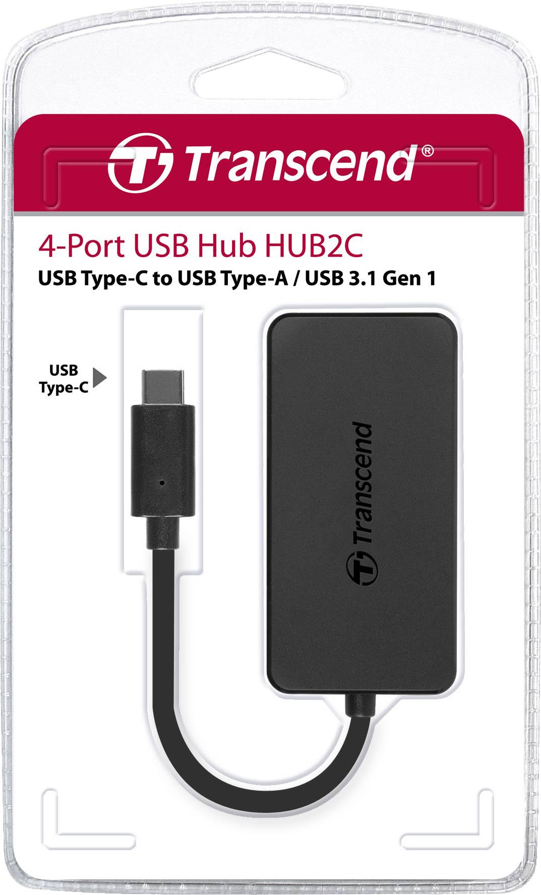 Emballage du hub USB Transcend 4 ports HUB2C, présentant une connectivité USB Type-C vers USB Type-A/USB 3.1 Gen 1.