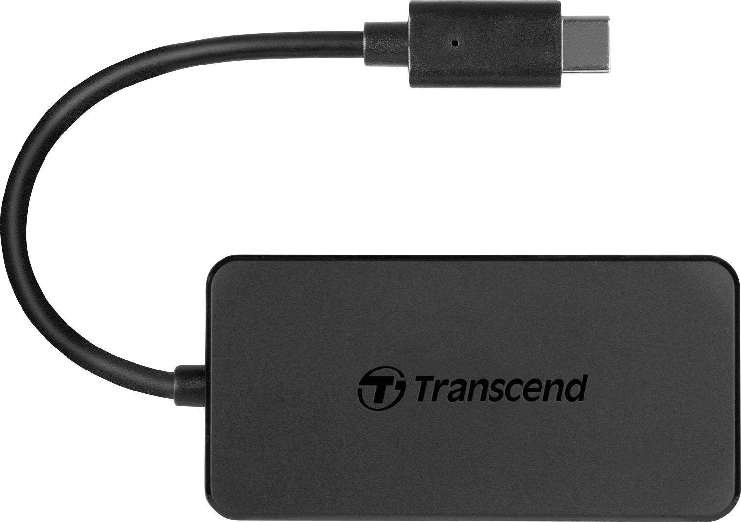 Câble USB-C noir et adaptateur avec le logo 'Transcend', utilisé pour connecter des appareils.