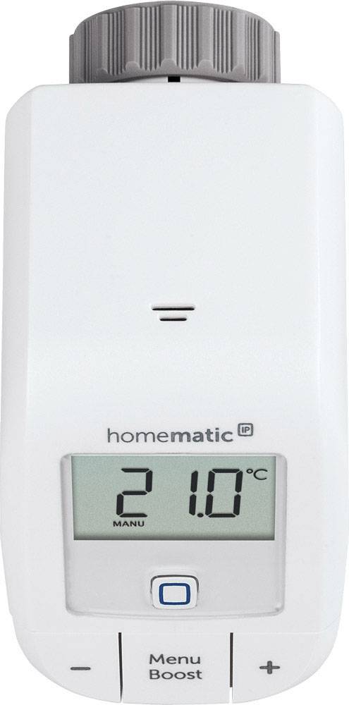 Thermostat numérique avec affichage, indiquant '21,0°C'. Boutons de menu et de réglage de la température en bas.