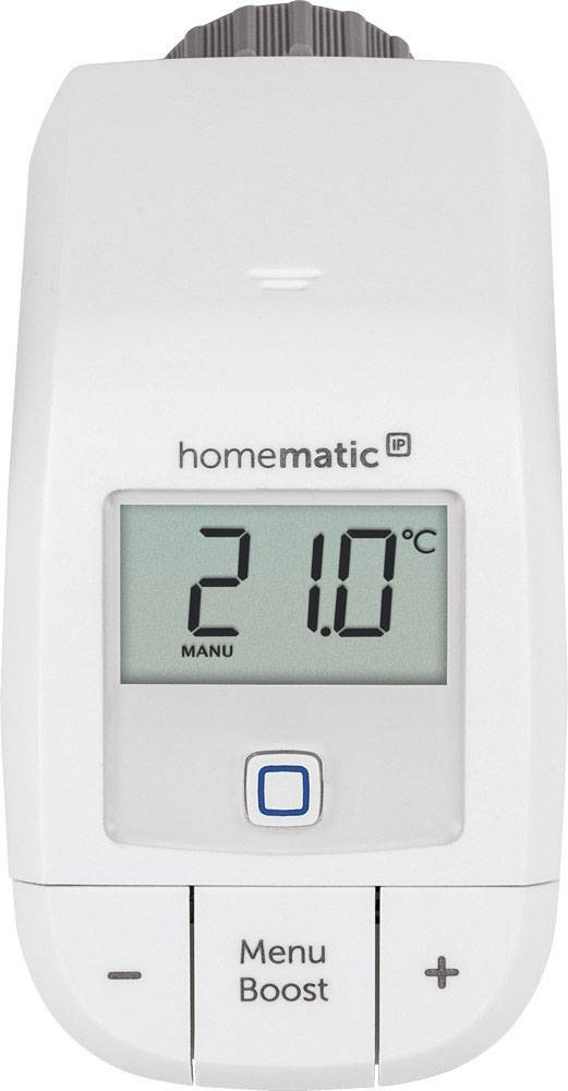 Thermostat numérique avec écran LCD affichant '21,0°C'. Touches de menu et de boost en dessous.