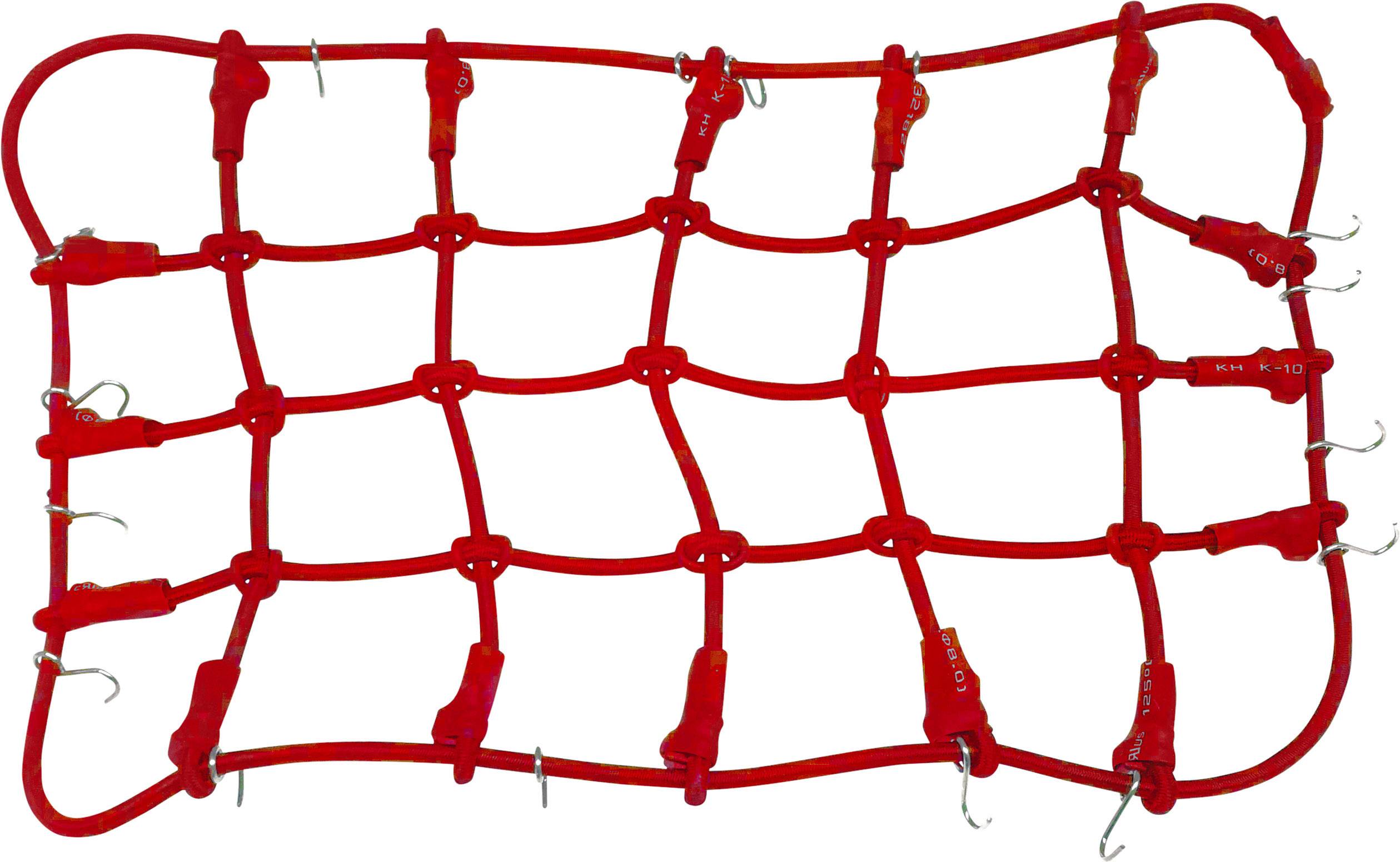 Filet élastique rouge avec plusieurs crochets sur les bords pour maintenir des objets en place.