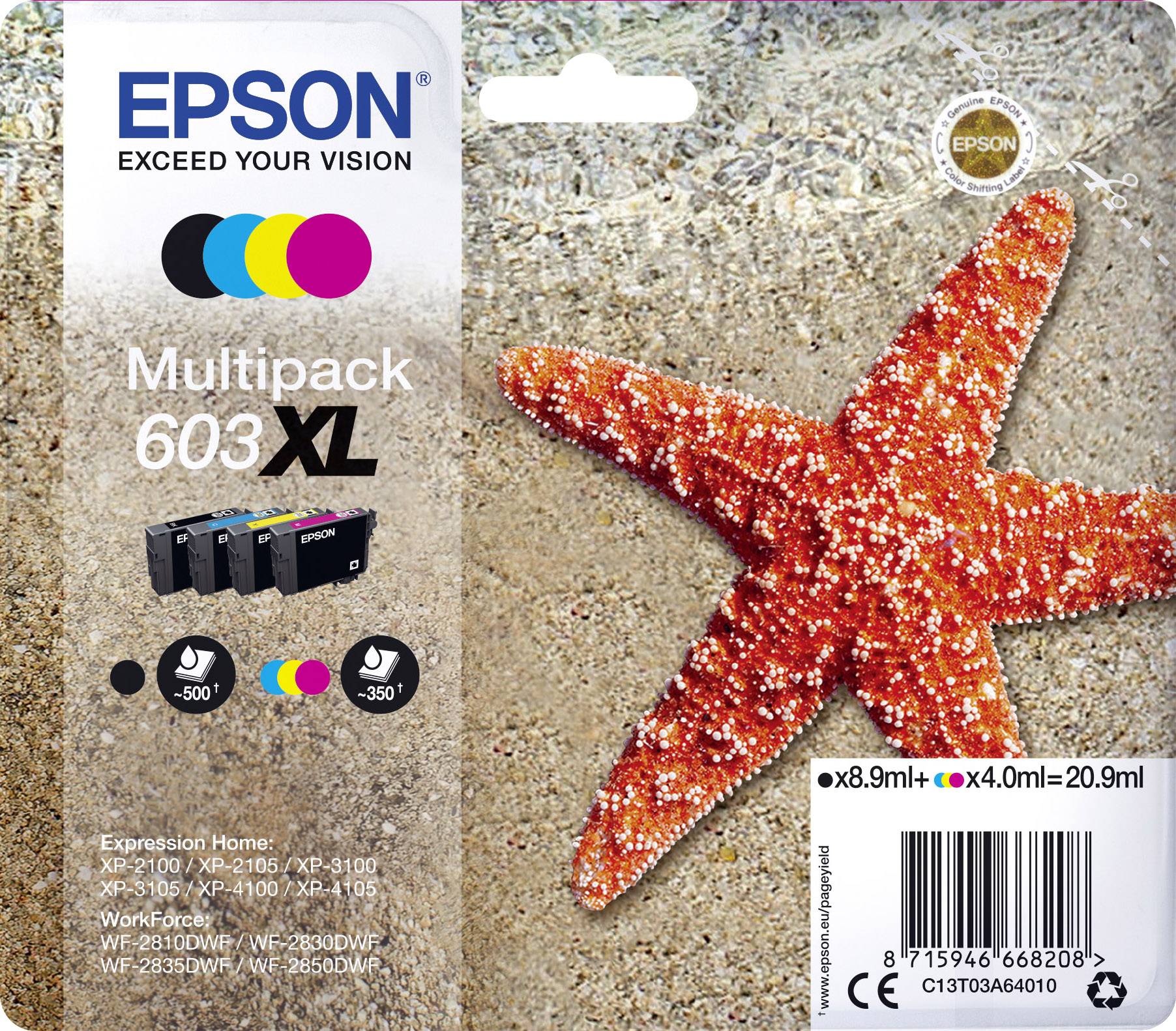 Epson Encre T03A64, 603XL d'origine pack bundle noir, cyan, magenta, jaune C13T03A64010