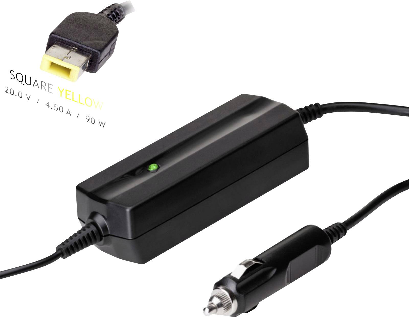 Chargeur de voiture noir avec connecteur rectangulaire jaune, adapté pour 20,0 V/4,50 A/90 W.