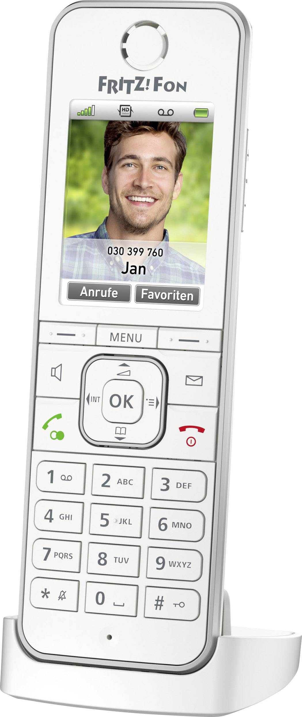 Téléphone sans fil avec écran couleur affichant l'image d'une personne souriante et le nom « Jan ». Les options « Appels » et « Favoris » sont visibles.